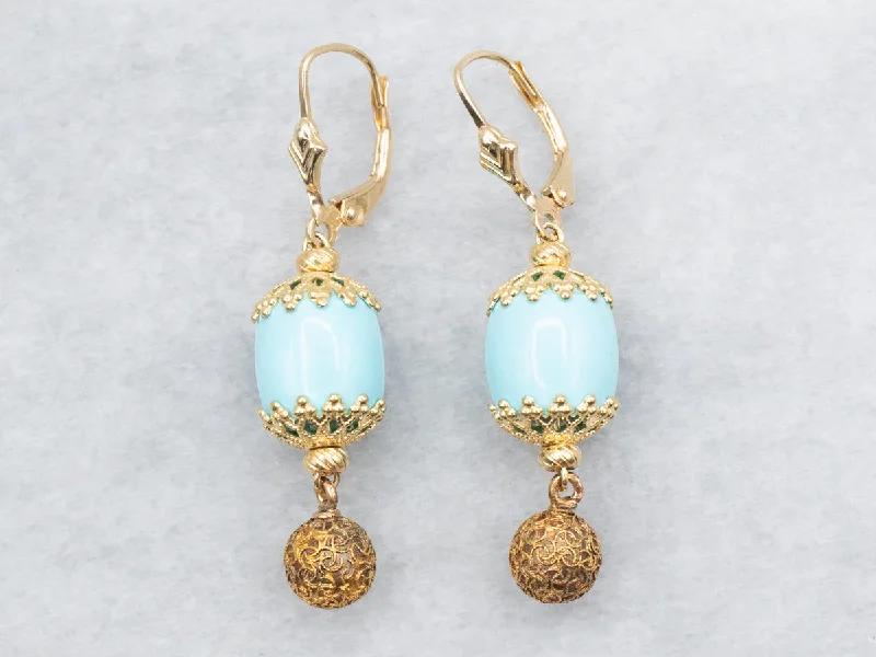 Ladies earrings balanced proportion styles-Yellow Gold Turquoise Bead Drop Earrings