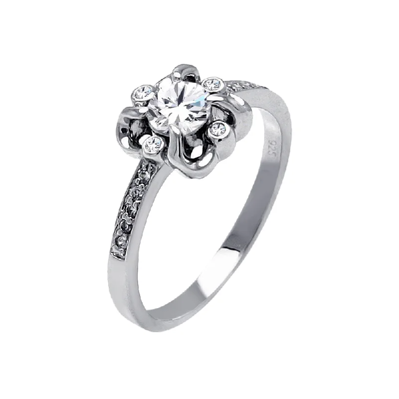 Ladies rings online shopping deals-Silver 925 Rhodium Plated Round Clear Center CZ Flower Ring - BGR00478