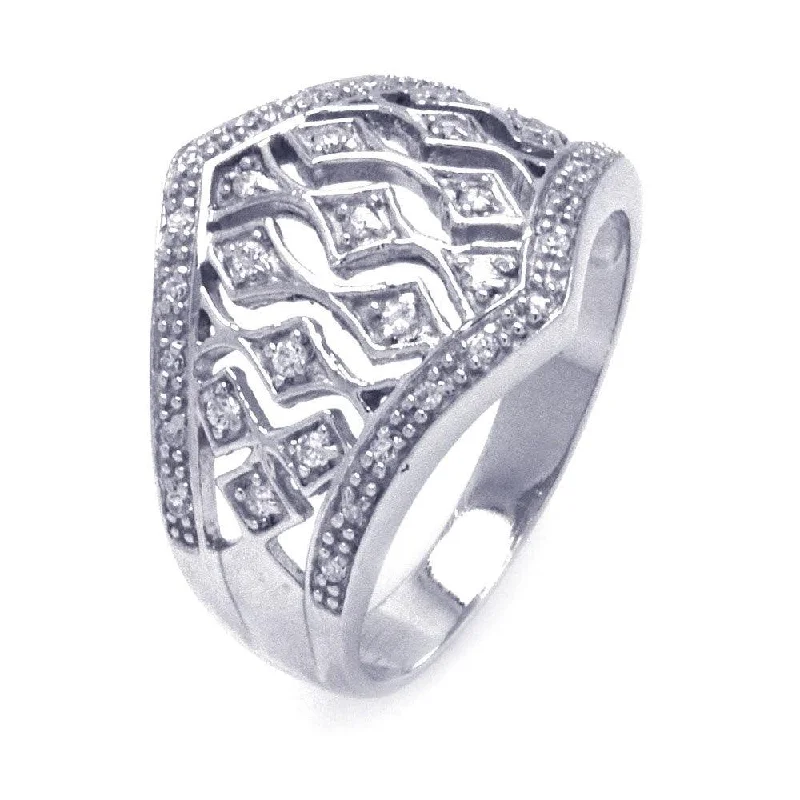 Ladies rings iridescent finish designs-Silver 925 Rhodium Plated CZ Cigar Band Dome Ring - STR00784