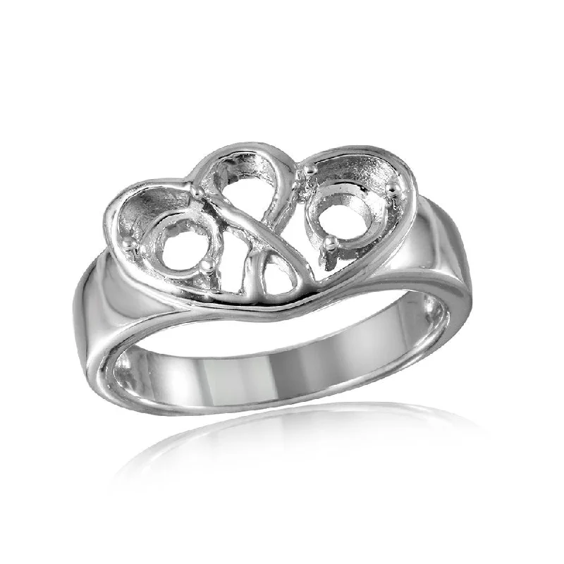 Ladies rings group custom styles-Silver 925 Rhodium Plated Double Open Heart Mounting Ring - BGR00497