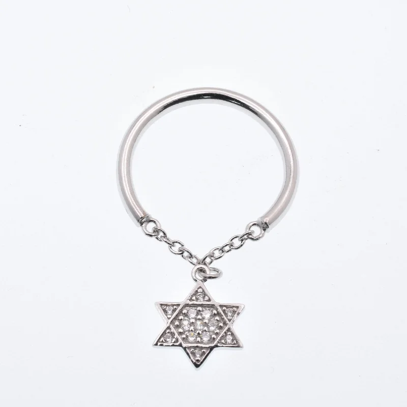 Ladies rings seasonal discount offers-925 Sterling Silver Nickel Free Rhodium Plated Half Ring Chain Dangling Star of David Clear CZ Ring - STR01013