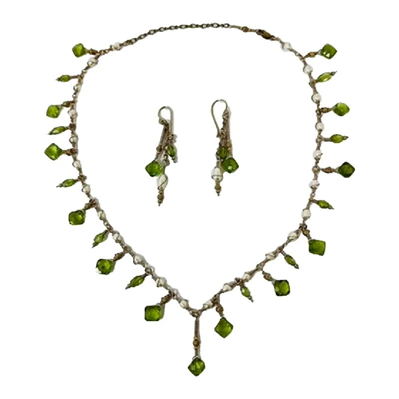 Ladies earrings opal shimmering designs-14K Gold Necklace with Peridot and Pearl with Matching Earrings