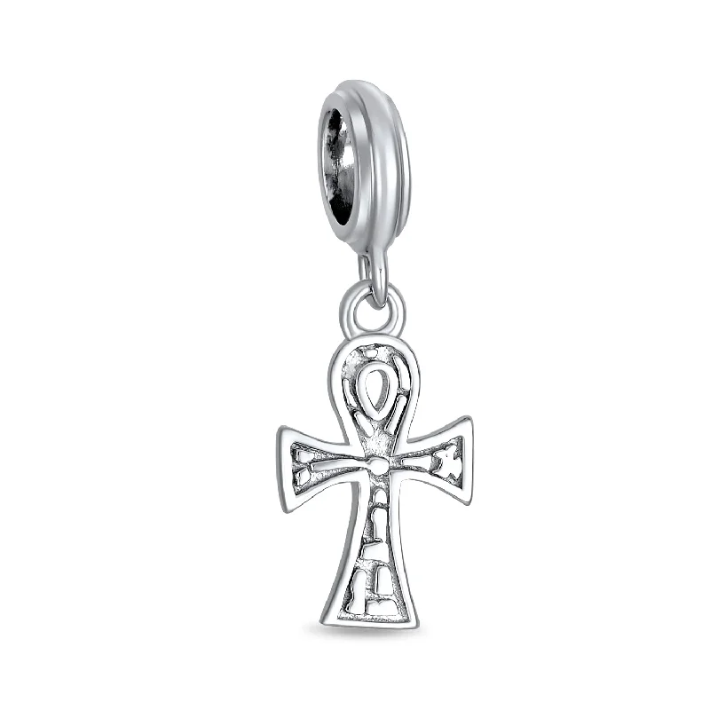 ladies bracelet slim gold-Egyptian Ankh Cross Dangle Charm Bead in Oxidized Sterling Silver for Bracelets