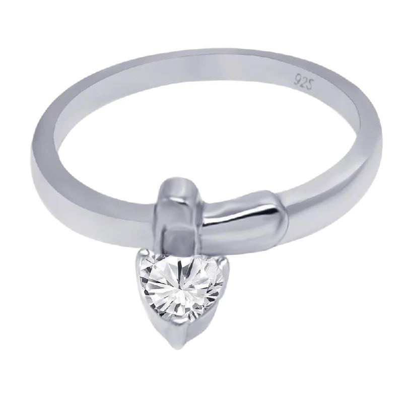 Ladies rings tight fit designs-Silver 925 Rhodium Plated CZ Dangling Heart Ring - AAR0051