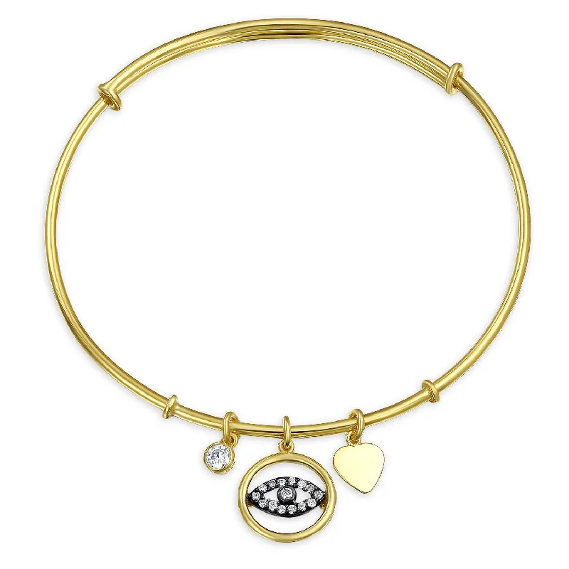 ladies bracelet nature platinum-Evil Eye Heart Charm Bangle Bracelet CZ Gold Plated Sterling Silver