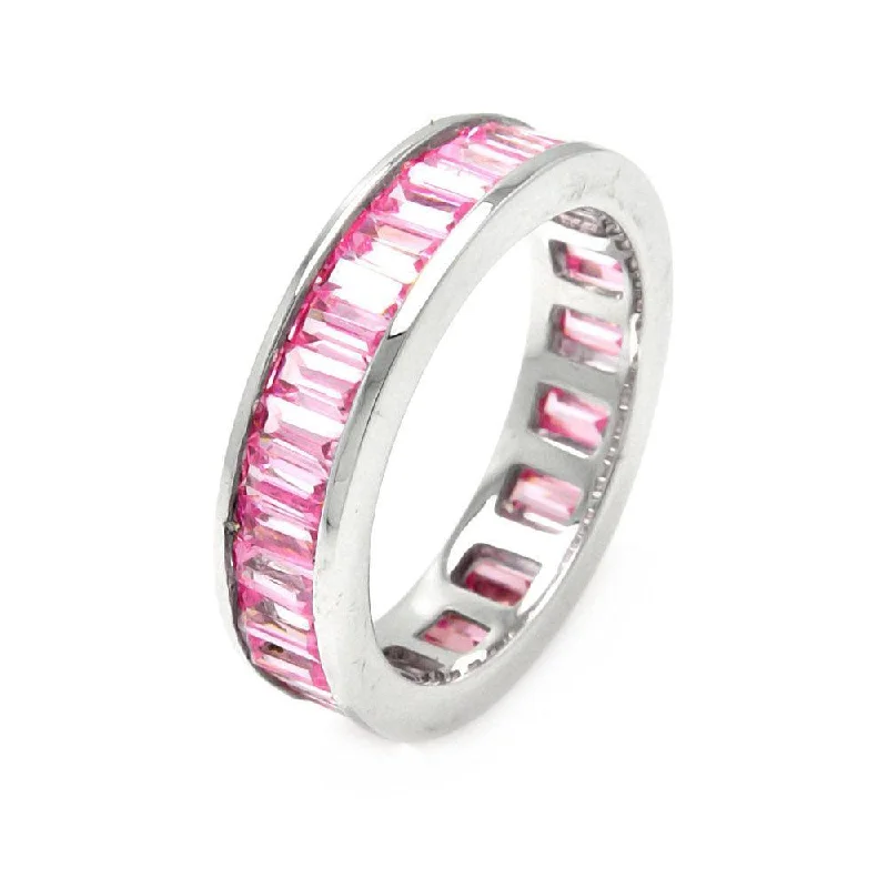 Ladies rings index finger trends-Silver 925 Rhodium Plated Channel Set Pink Baguette CZ Stackable Eternity Ring - STR00124PNK