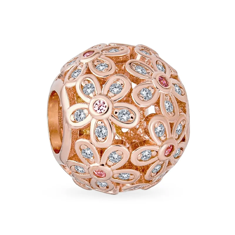 ladies bracelet premium-Round Clear Floral CZ Bouquet Charm Bead Rose Gold for European Bracelet