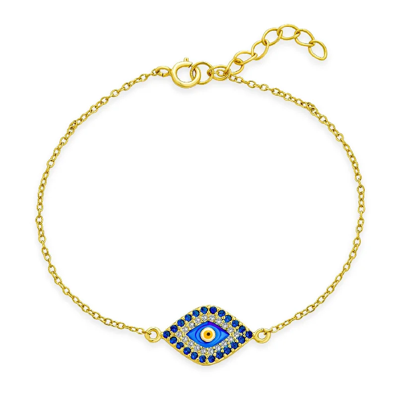 ladies bracelet retro-Delicate Tiny Evil Eye Charm Bracelet CZ Gold Plated .925 Silver