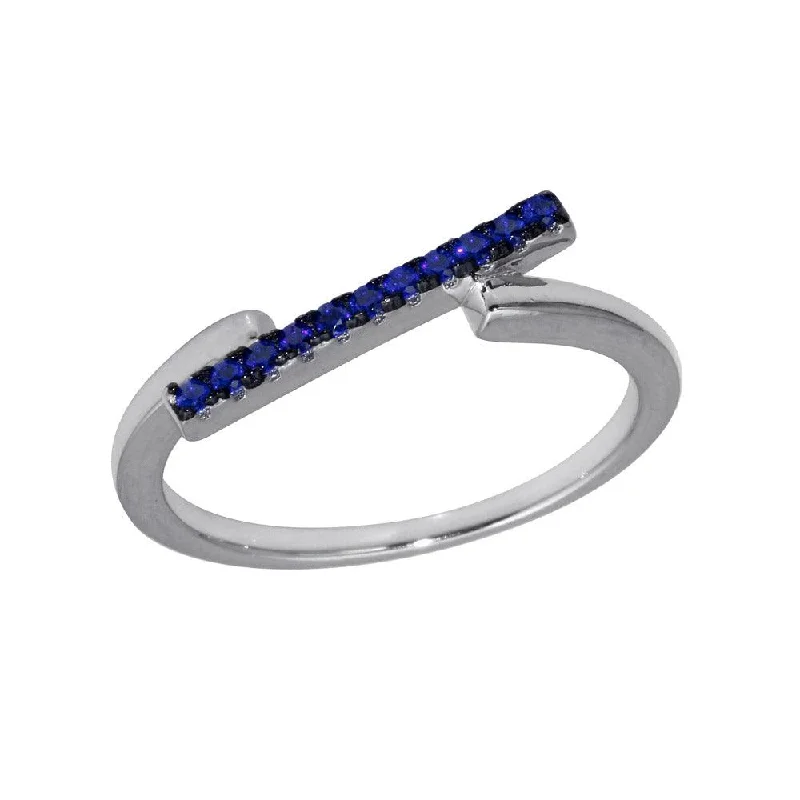 Ladies rings Asian cultural styles-Rhodium Plated 925 Sterling Silver Blue CZ Bar Ring - BGR01234BLU