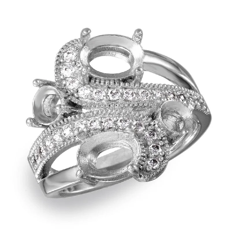 Ladies rings recycled metal styles-Silver 925 Rhodium Plated 4 Mounting Stones Wave Cz Design Ring - BGR00817