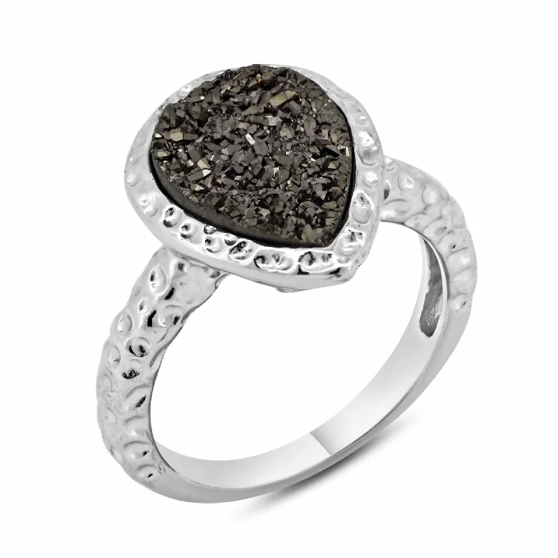 Ladies rings resin accent styles-Silver 925 Rhodium Plated Pear Brown Druzy Gemstone Ring - BGR00748