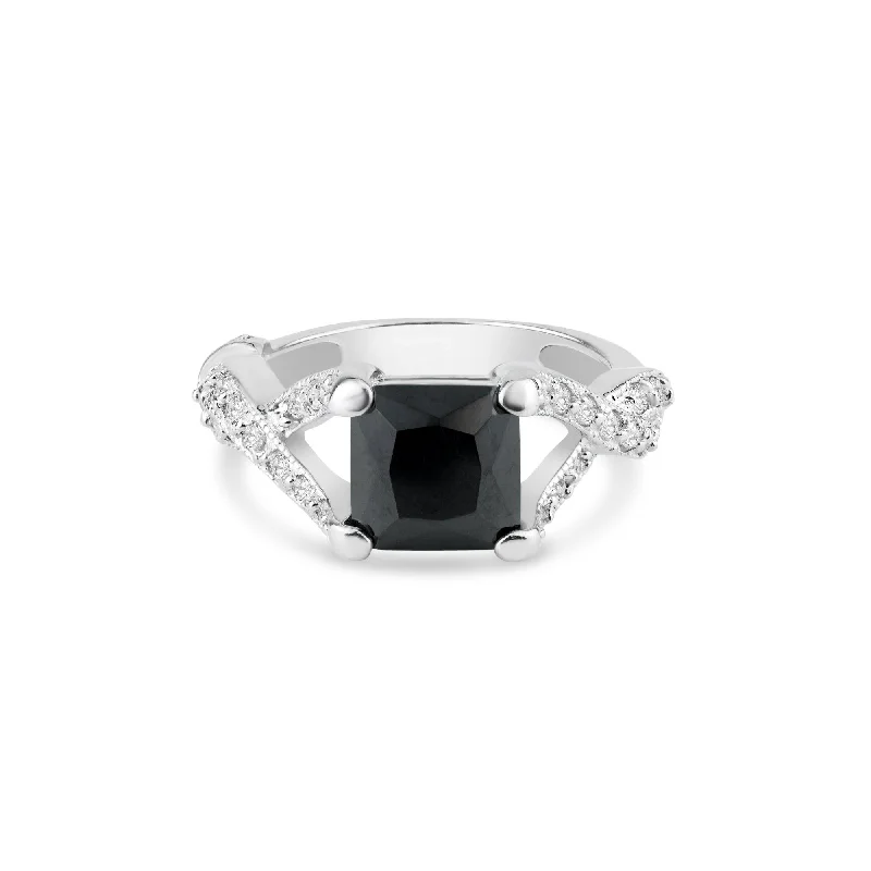 Ladies rings knot symbol designs-Silver 925 Rhodium Plated Black Square Center and Clear CZ Ring - BGR00032