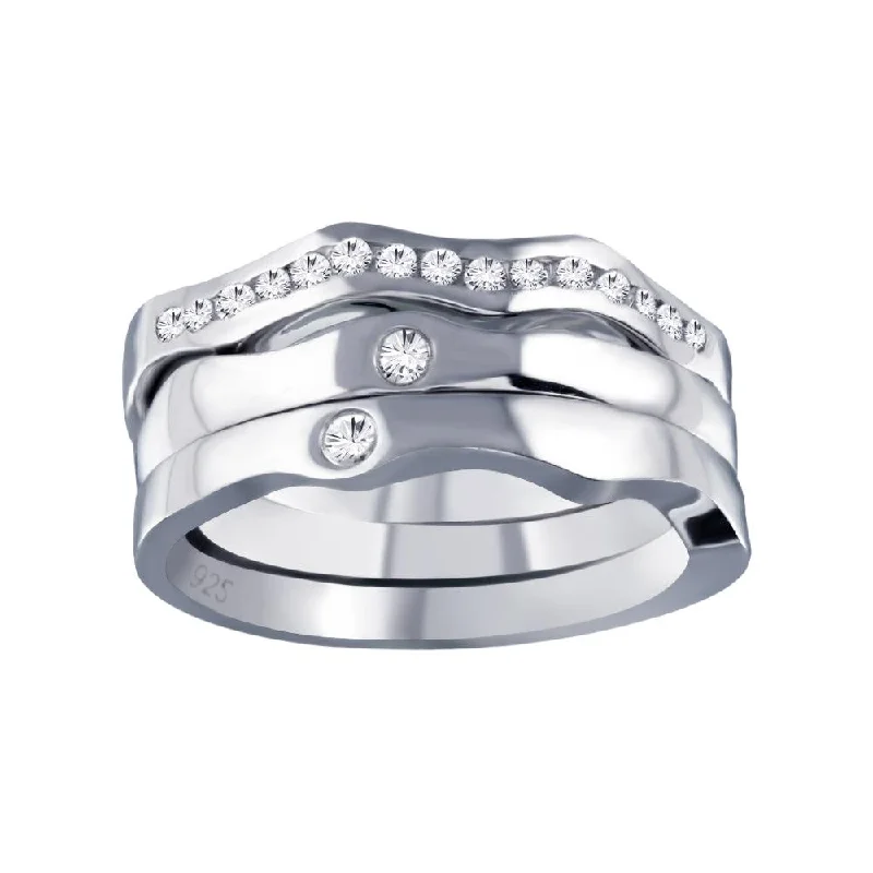 Ladies rings floral detail rings-Silver 925 Rhodium Plated Clear CZ Stackable Ring Set - AAR0048