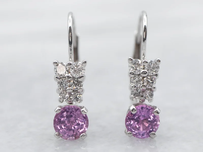 Ladies earrings light feel designs-White Gold Pink Sapphire and Diamond Drop Earrings