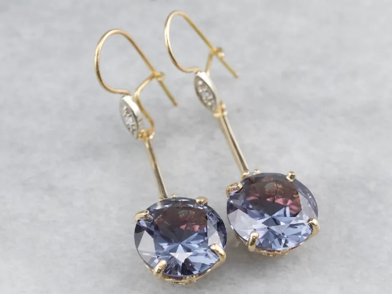 Ladies earrings leaf shape earrings-Synthetic Alexandrite Diamond Gold Drop Earrings