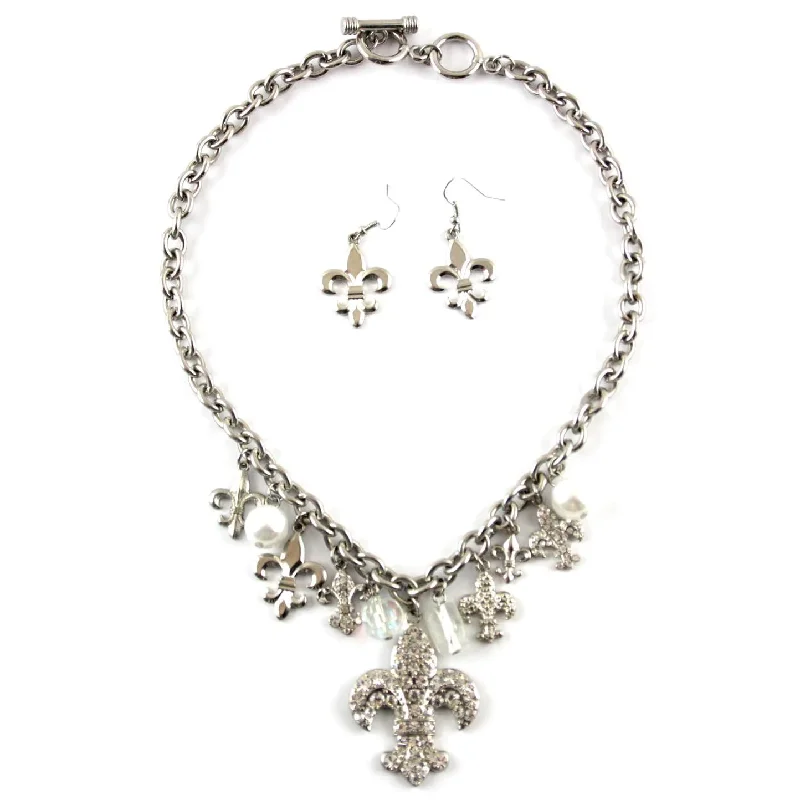 ladies necklace spring-Fleur De Lis Charm Necklace & Earrings