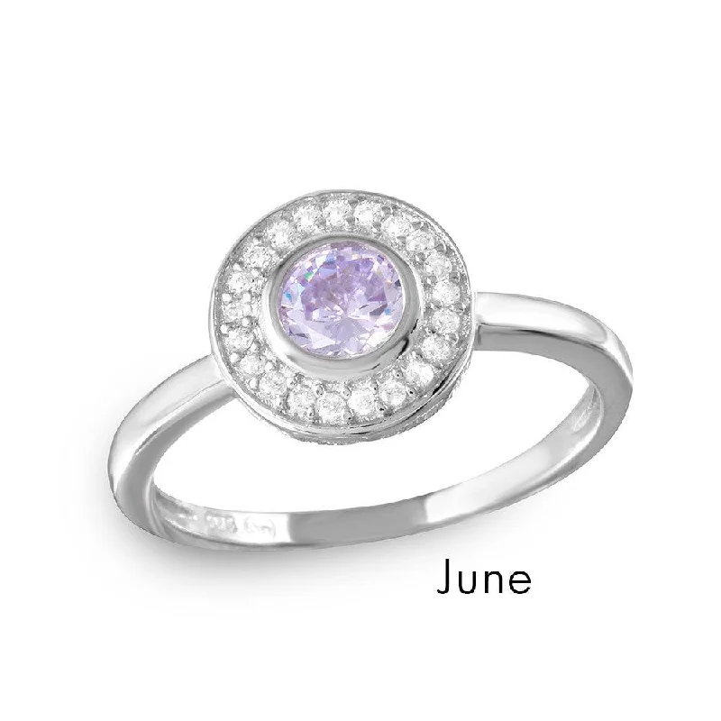 Ladies rings adjustable fit rings-June Sterling Silver 925 Rhodium Plated CZ Center Birthstone Halo Ring - BGR01082JUN