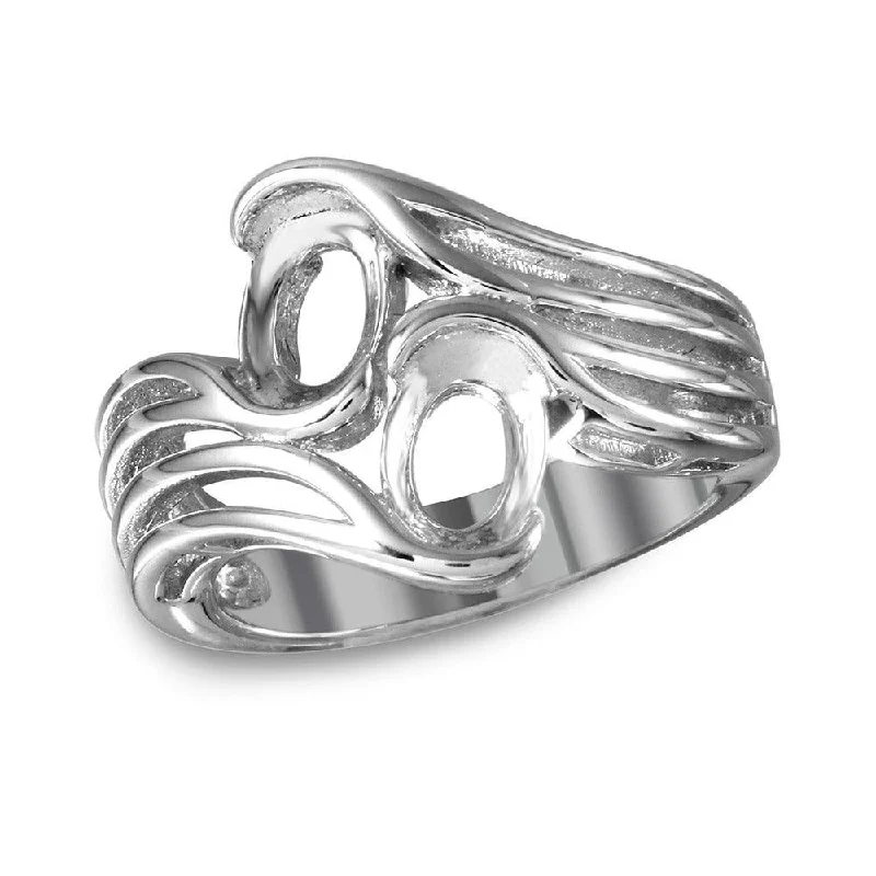 Ladies rings wide band designs-Silver 925 Rhodium Plated Split Shank Double Oval Stone Mounting Ring - BGR01020