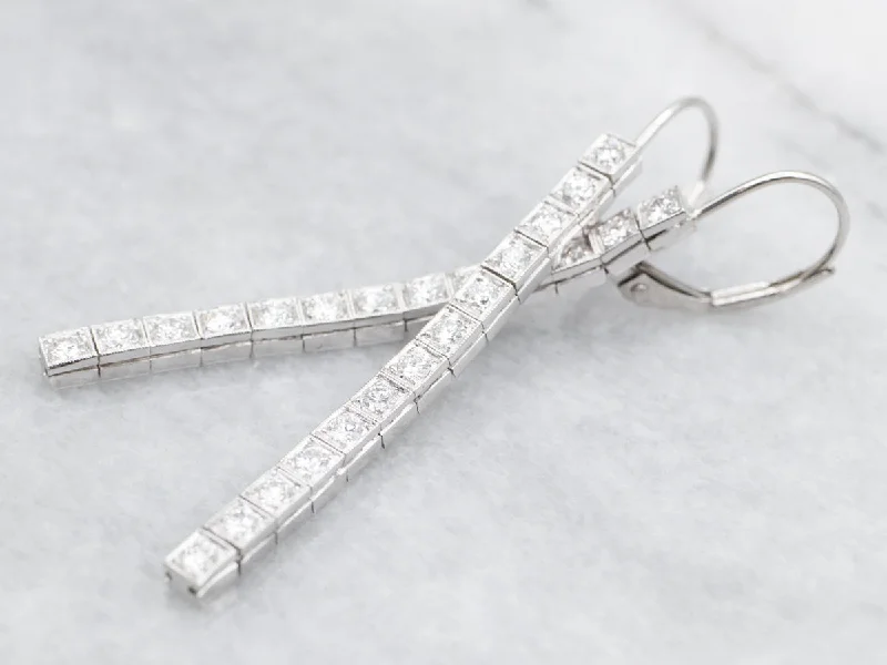 Ladies earrings tarnish-free designs-Long Sparkling Platinum Diamond Drop Earrings