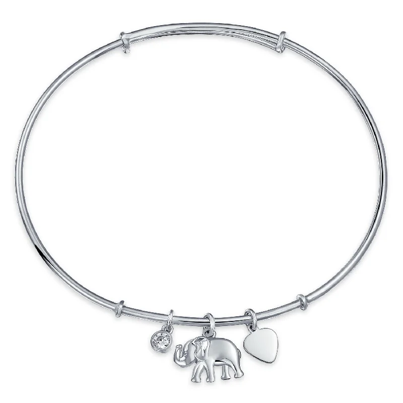 ladies bracelet party-Elephant Heart Dangle Charm Bangle Bracelet CZ 925 Sterling Silver