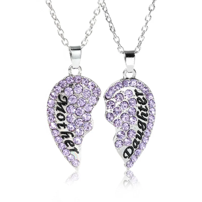 ladies necklace affordable silver-Necklace Long Link Cable Chain Broken Heart Message " Mother & Daughter " Pendants Mauve Rhinestone