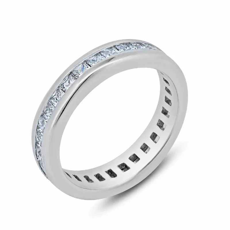 Ladies rings dangling charm styles-Silver 925 Rhodium Plated Channel Set Clear Square CZ Eternity Ring - BGR00055