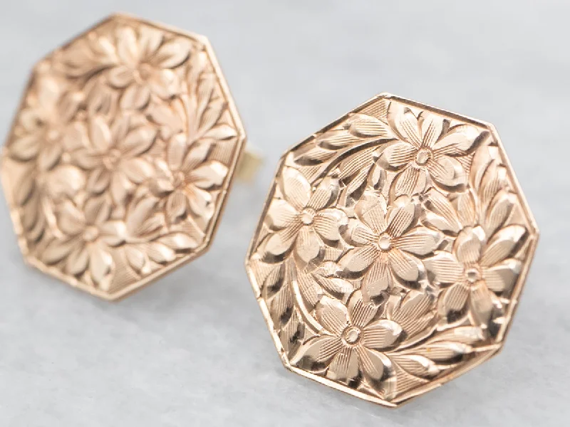 Ladies earrings expressionist designs-Beautiful Antique Cufflink Conversion Floral Stud Earrings