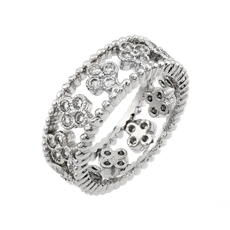 Ladies rings matte finish options-Silver 925 Rhodium Plated Eternity Rope 4 CZ Cluster Ring - BGR00893