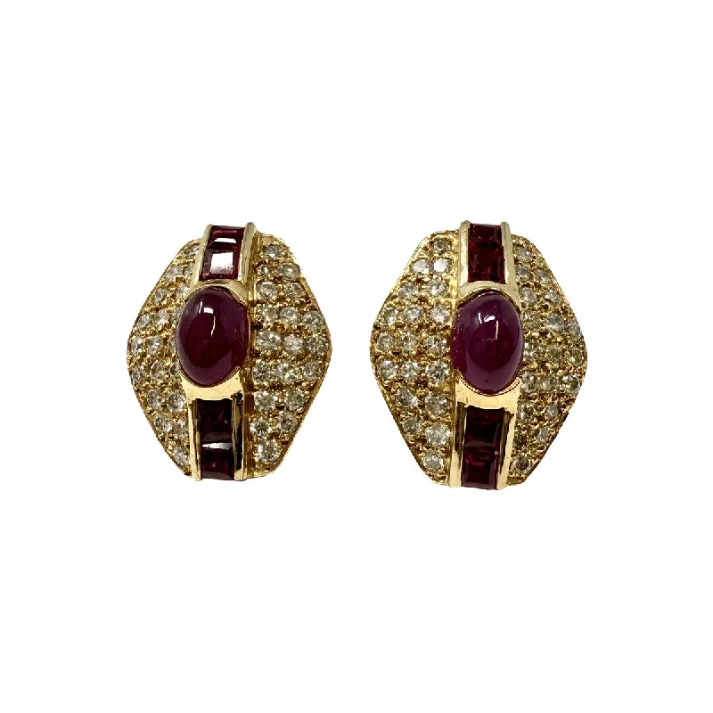 Ladies earrings scratch-resistant styles-14K Gold Stud Earrings with Diamond and Ruby