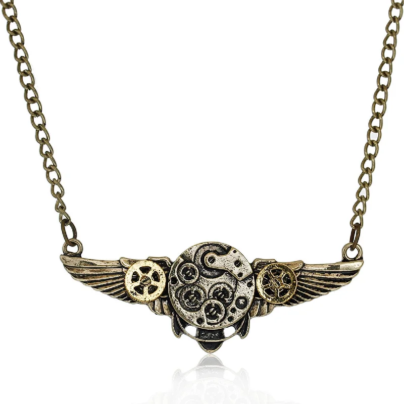 ladies necklace zirconia-SEXY SPARKLES steampunk Necklace  Link Curb Chain Antique Bronze Wing Gear Connector for women