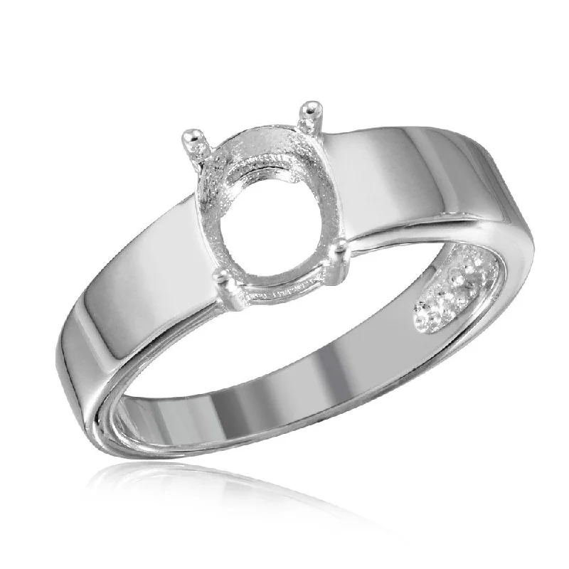 Ladies rings cluster ring styles-Silver 925 Rhodium Plated High Polished Band Slanted Single Stone Mounting Ring - BGR01017