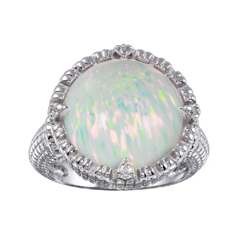 Ladies rings thin stackable rings-Rhodium Plated 925 Sterling Silver Round Opal Stone Ring with CZ - BGR01285