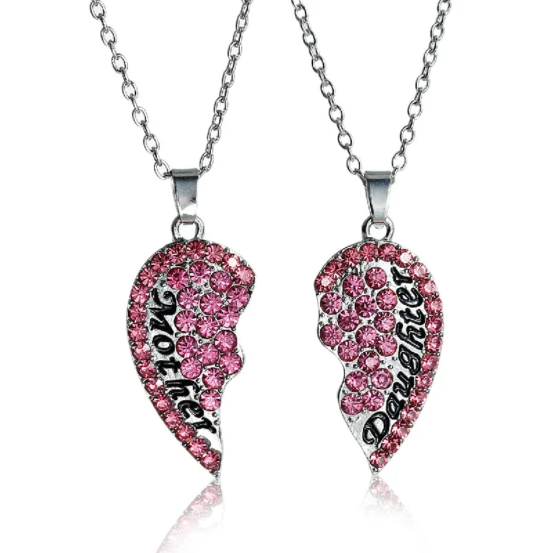 ladies necklace spiral-Necklace Long Link Cable Chain Broken Heart Message " Mother & Daughter " Pendants Pink Rhinestone