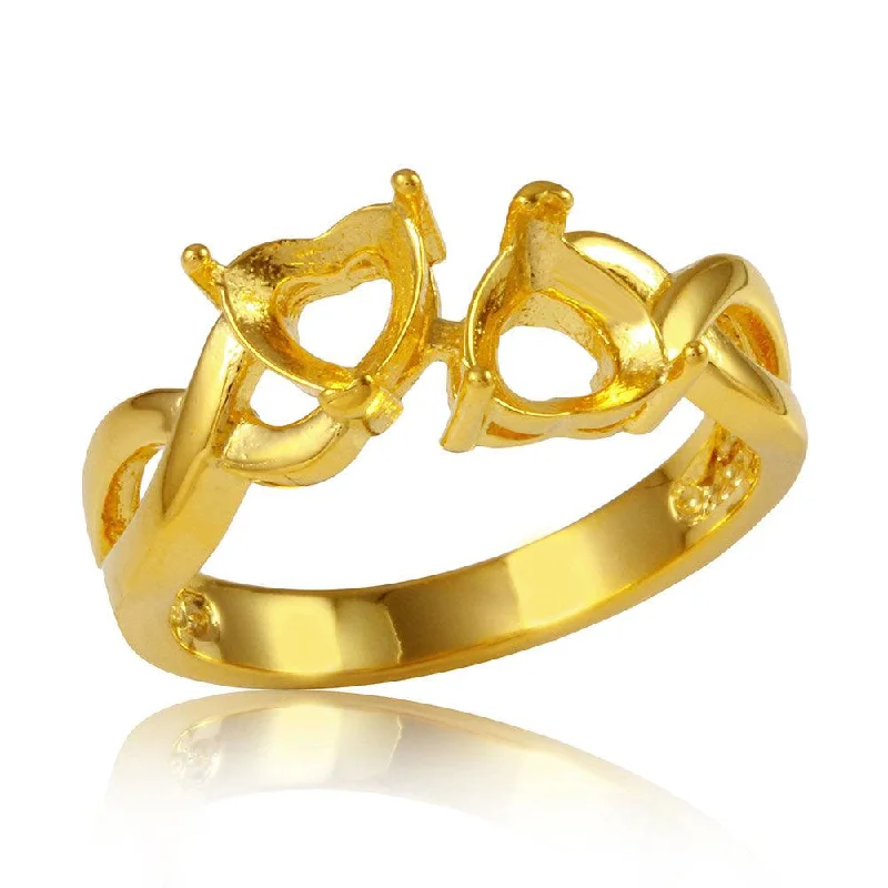 Ladies rings delicate thin bands-Silver 925 Gold Plated Double Heart  Mounting Twisted Shank Ring - BGR01219GP