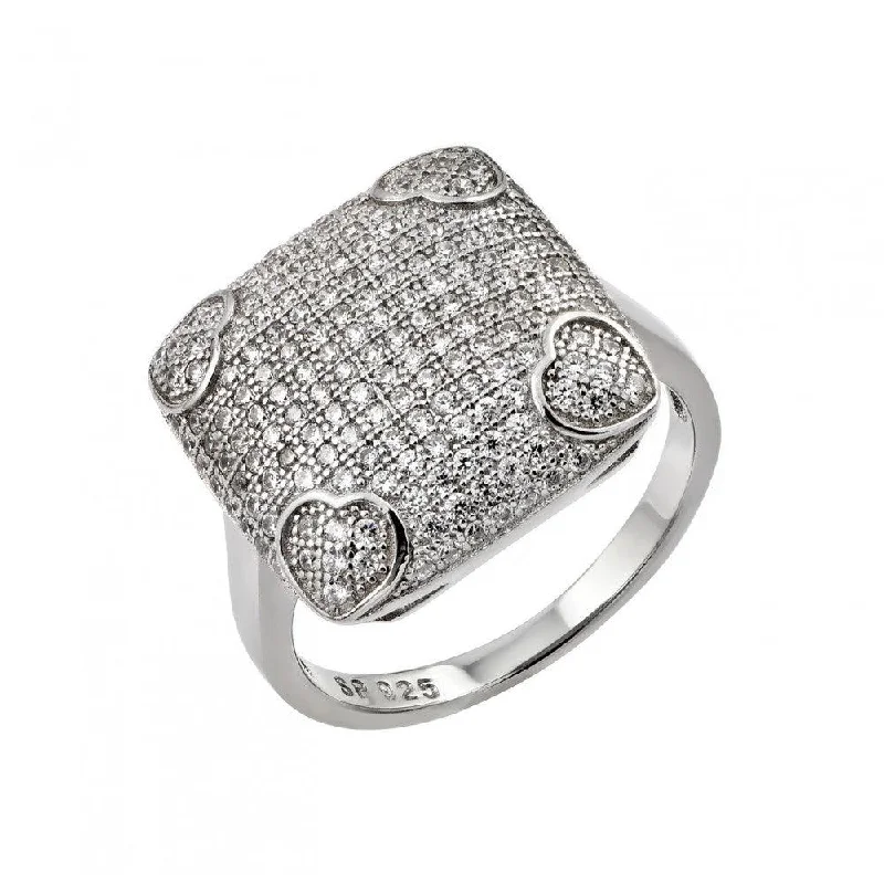 Ladies rings dangling charm styles-Silver 925 Rhodium Plated Clear Micro Pave CZ Heart Square Ring - STR00959