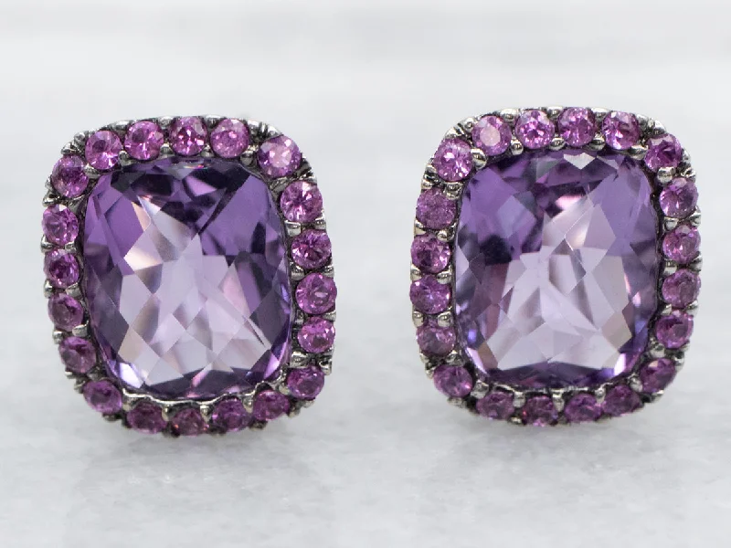 Ladies earrings minimalist daily wear-Amethyst Stud Earrings with Pink Sapphire Halo