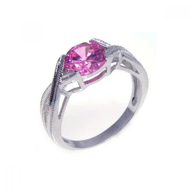 Ladies rings futuristic design styles-Silver 925 Rhodium Plated Round Pink Center CZ Solitaire Ring - STR00533