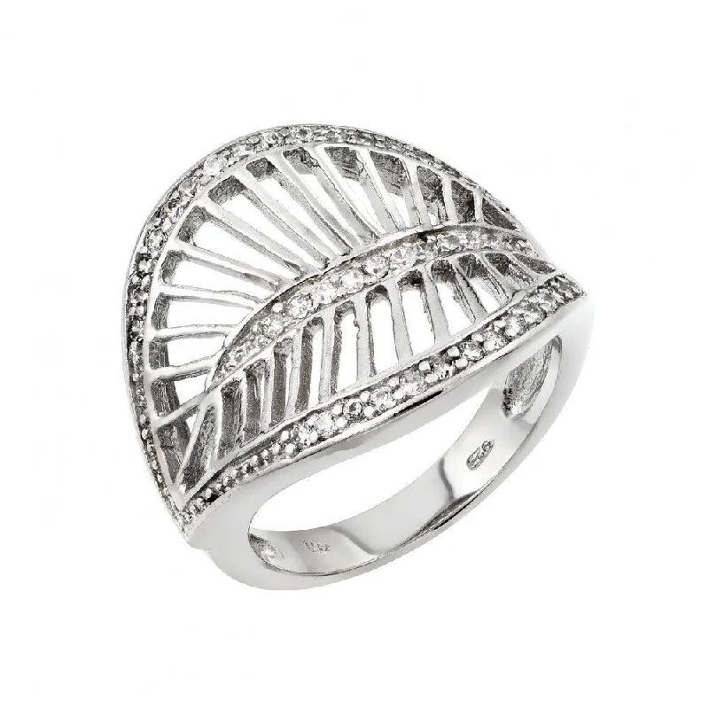 Ladies rings contemporary bold styles-Silver 925 Rhodium Plated Clear CZ Filigree Leaf Ring - STR00972