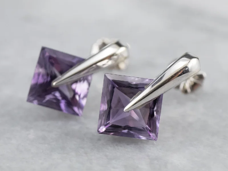 Ladies earrings standout unique styles-Amethyst White Gold Stud Earrings