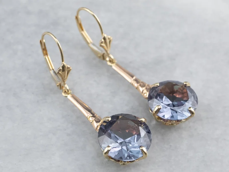 Ladies earrings cushion cut earrings-Synthetic Alexandrite Gold Bar Drop Earrings