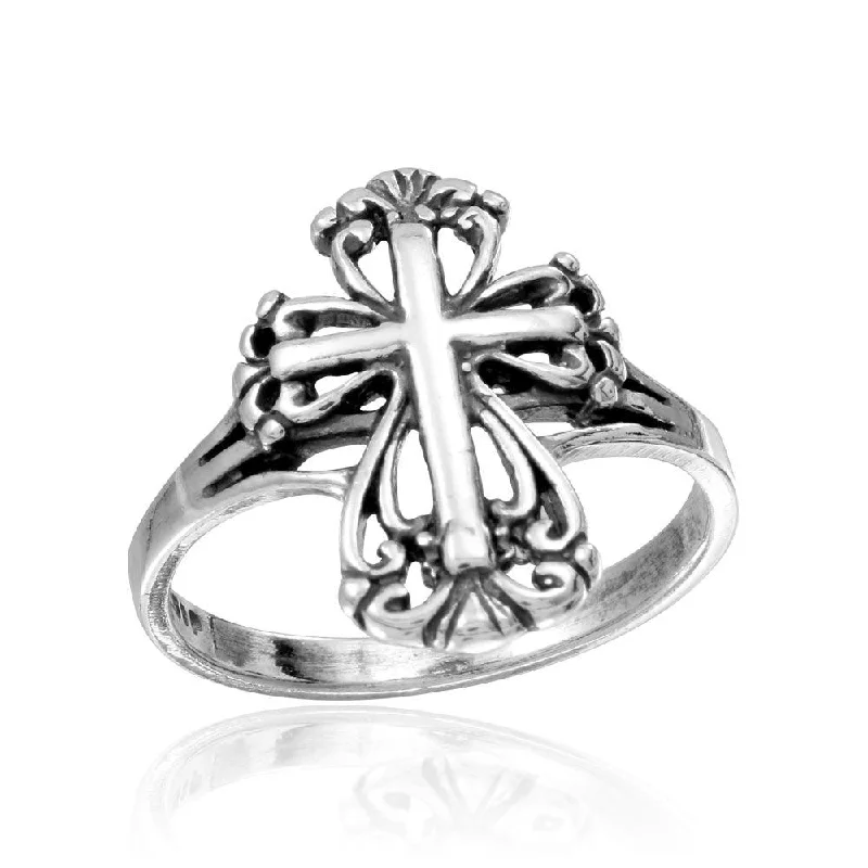 Ladies rings platinum luxury rings-Rhodium Plated 925 Sterling Silver Cross Ring - CR00740