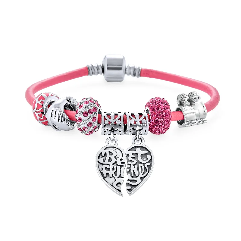 ladies bracelet tarnish free-2 Piece Best Friend Heart Charm Bracelet Pink Leather & Silver Clasp 6.5-8.5In