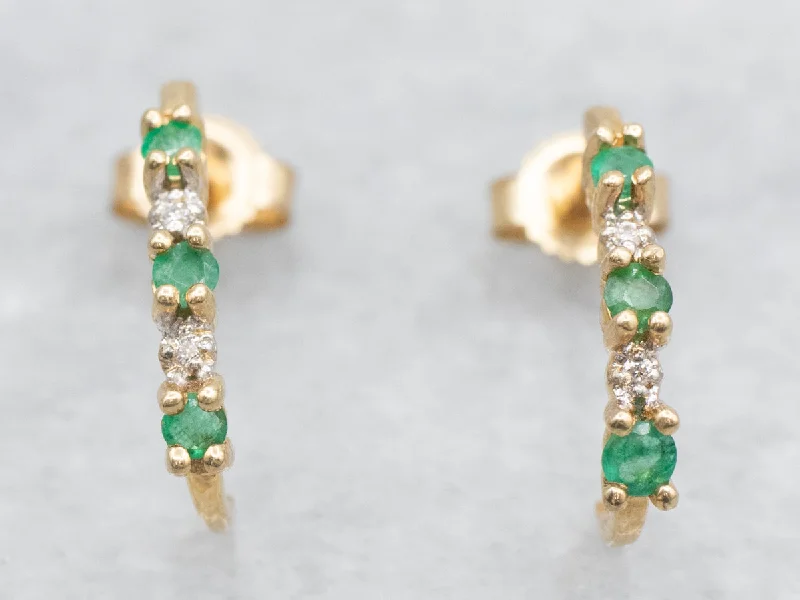 Ladies earrings artisan metalwork designs-Emerald and Diamond J Hoop Earrings