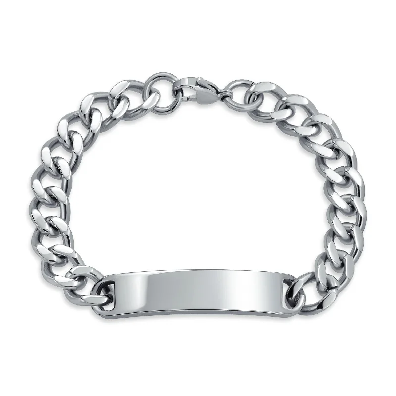 ladies bracelet mixed metal-Silver Tone Cuban Link Chain ID Bracelet for Men Stainless Steel Various Sizes