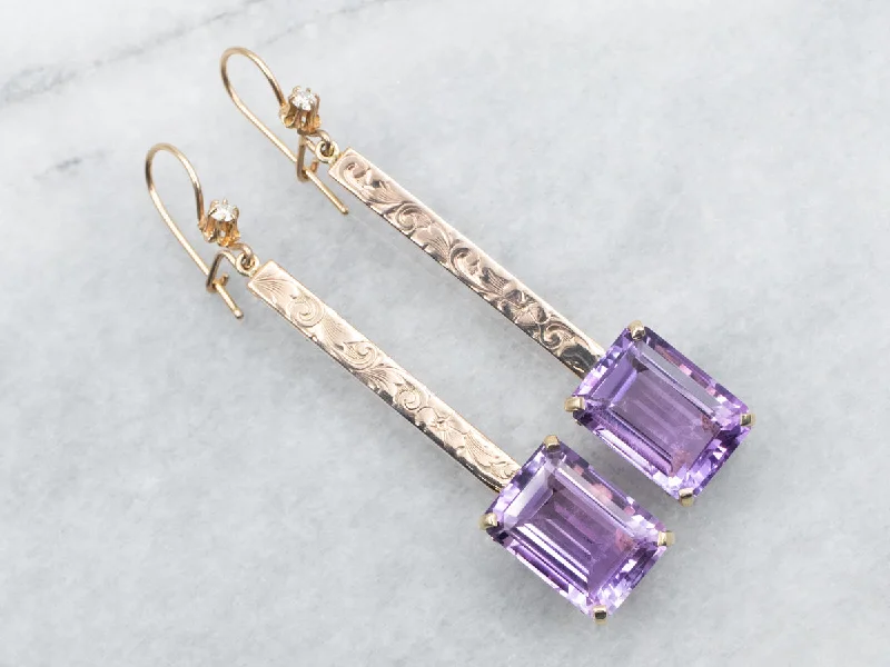 Ladies earrings resin accent styles-Two Tone Amethyst Bar Drop Earrings with Diamond Accents