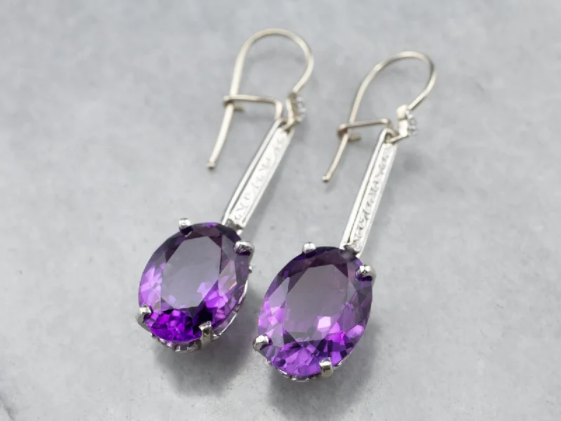 Ladies earrings New Year’s Eve designs-Engraved Amethyst and Diamond Drop Earrings