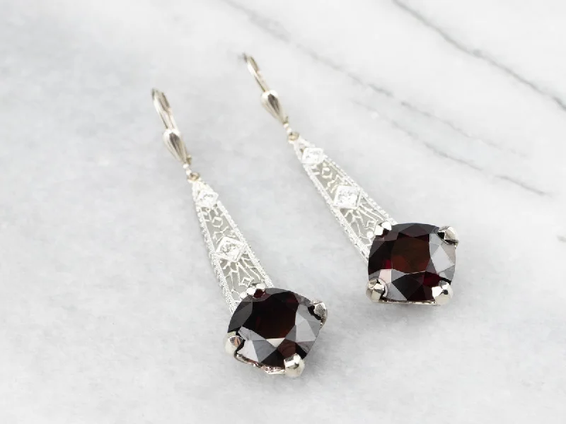 Ladies earrings etched pattern styles-Pyrope Garnet and Diamond Filigree Drop Earrings