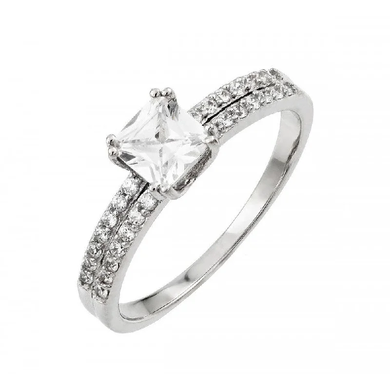 Ladies rings mixed metal finishes-Silver 925 Rhodium Plated Clear Princess Cut CZ Ring - STR00996