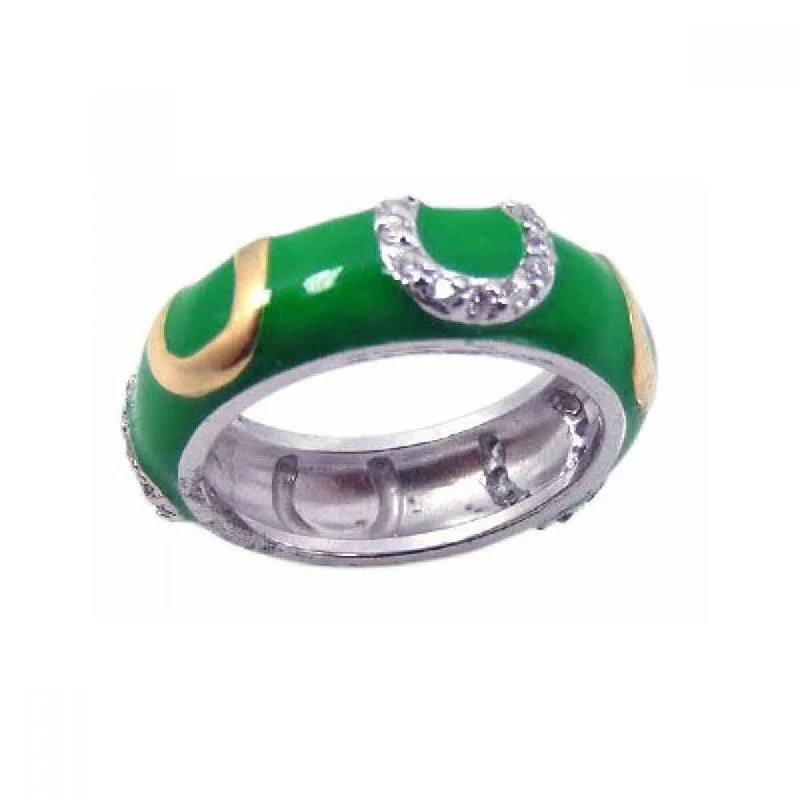 Ladies rings open band patterns-Clearance-Silver 925 Rhodium Plated Green Enamel CZ Horse Shoe Ring - STR00455