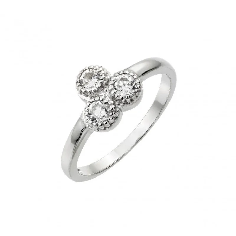 Ladies rings French elegance designs-Silver 925 Rhodium Plated Three Round Clear CZ Ring - STR01009